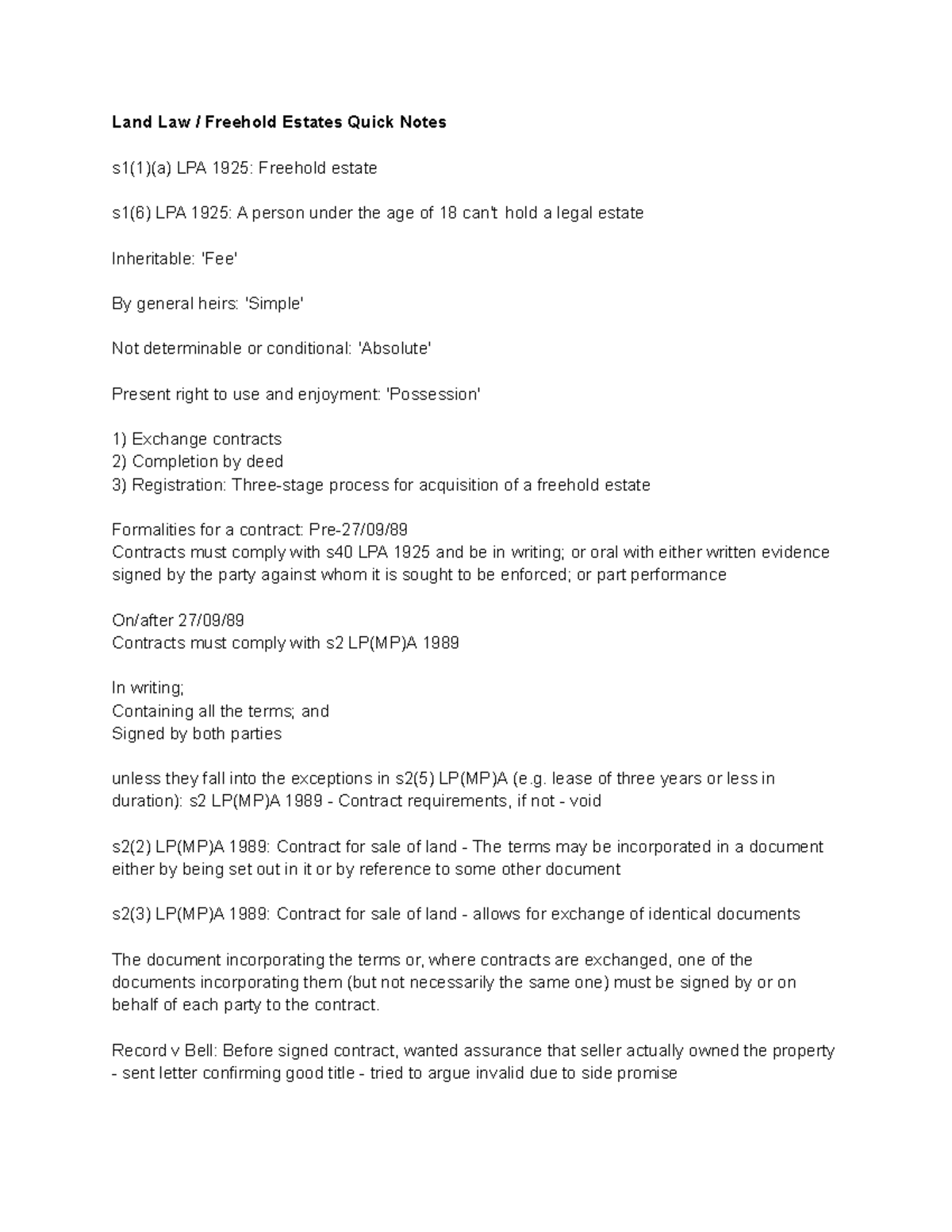 Land Law Freehold Estates Quick Notes - Land Law / Freehold Estates ...