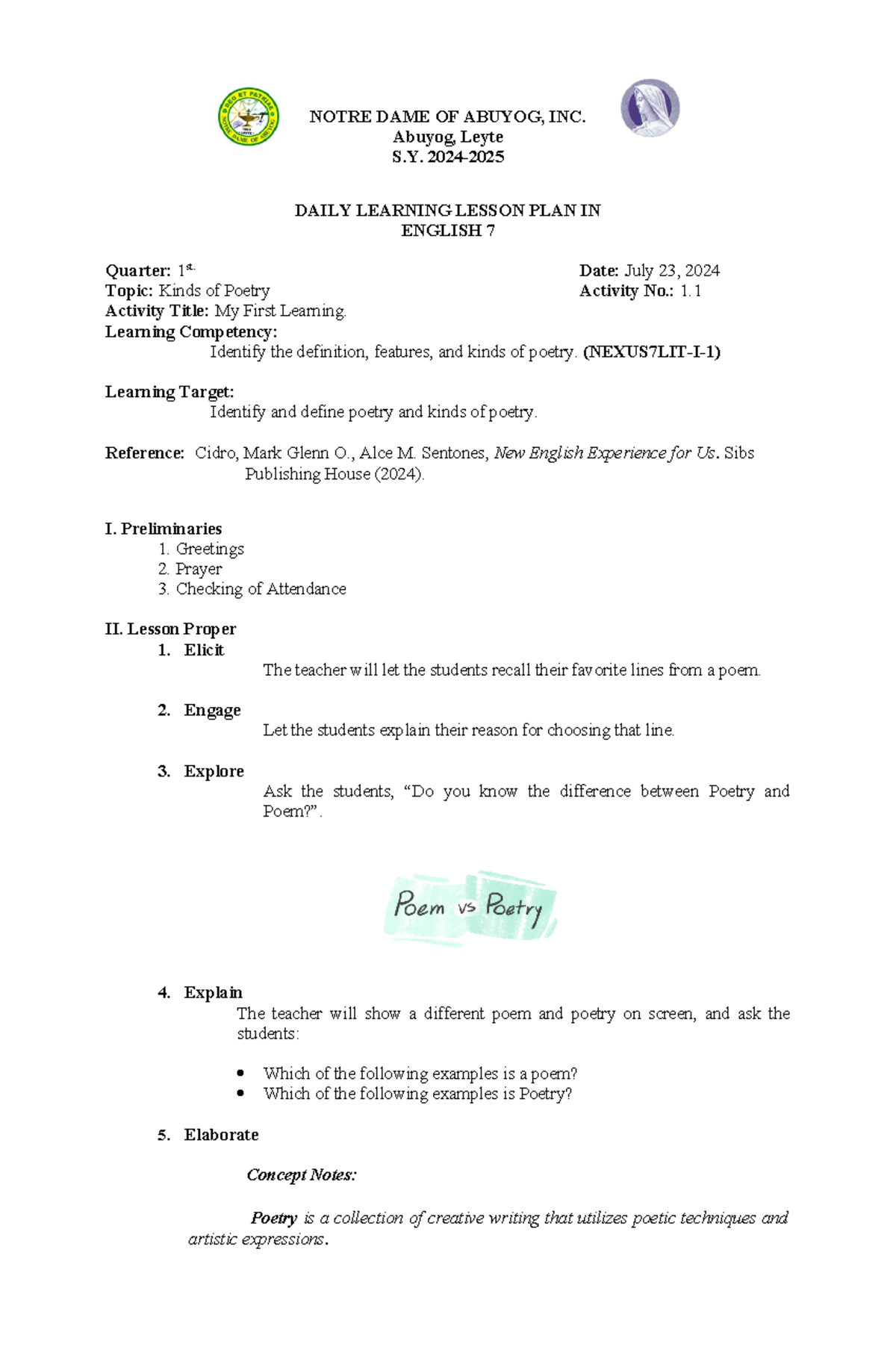 WEEK #1 1 - lesson plan for MATATAG week 1 - NOTRE DAME OF ABUYOG, INC ...