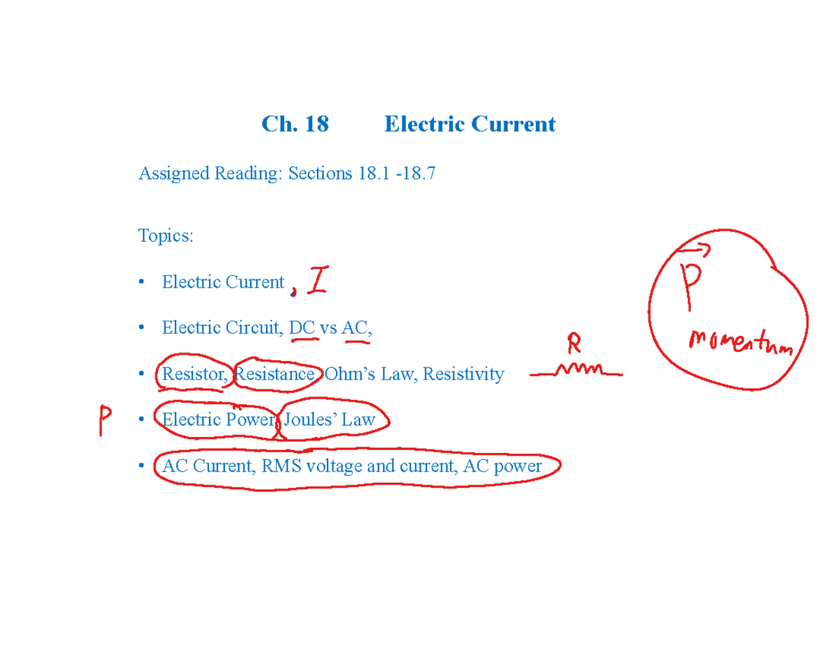 Ch 18 Lecture Notes - Ch 18 - Ch. 18 Electric Current Assigned Reading ...