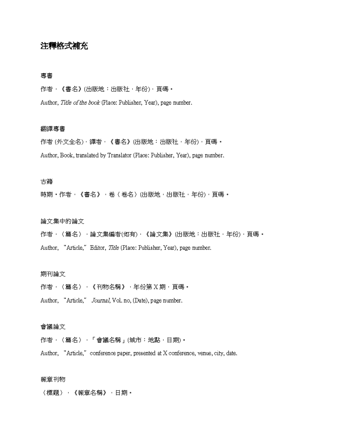 注釋格式補充資料 - 注釋格式補充 專書 作者，《書名》(出版地：出版社，年份)，頁碼。 Author, Title of the book ...