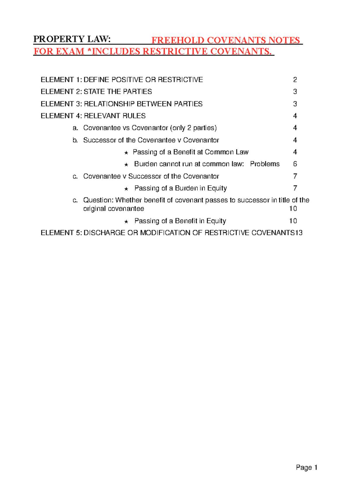 Freehold (restrictive) Covenants PROPERTY LAW FREEHOLD COVENANTS