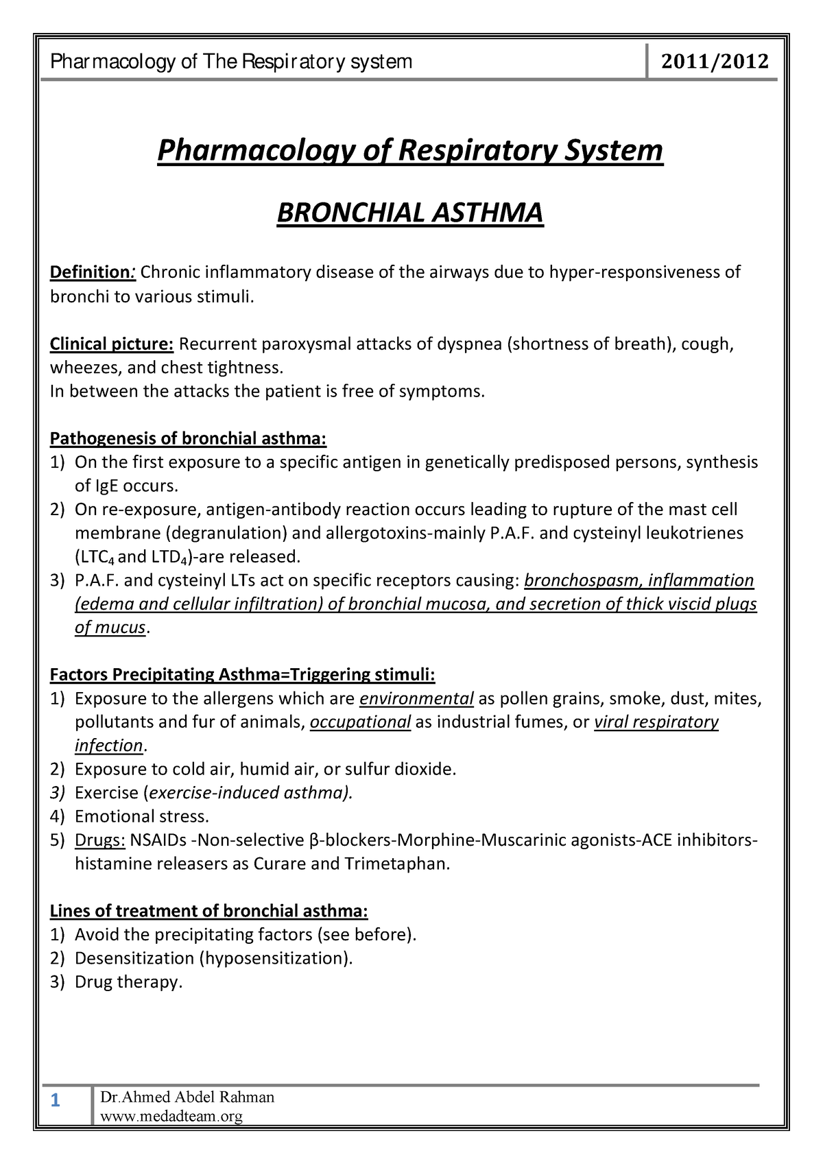 5-respiratory System - 1 Dr Abdel Rahman Pharmacology Of Respiratory ...