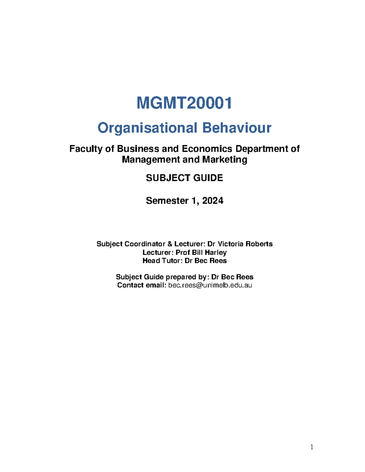 OB Semester 1 2024 Subject Guide - MGMT Organisational Behaviour ...