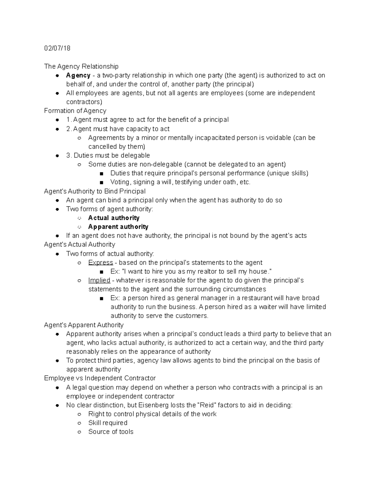 02 07 18 - Lecture notes 7 - 02/07/ The Agency Relationship Agency - a ...