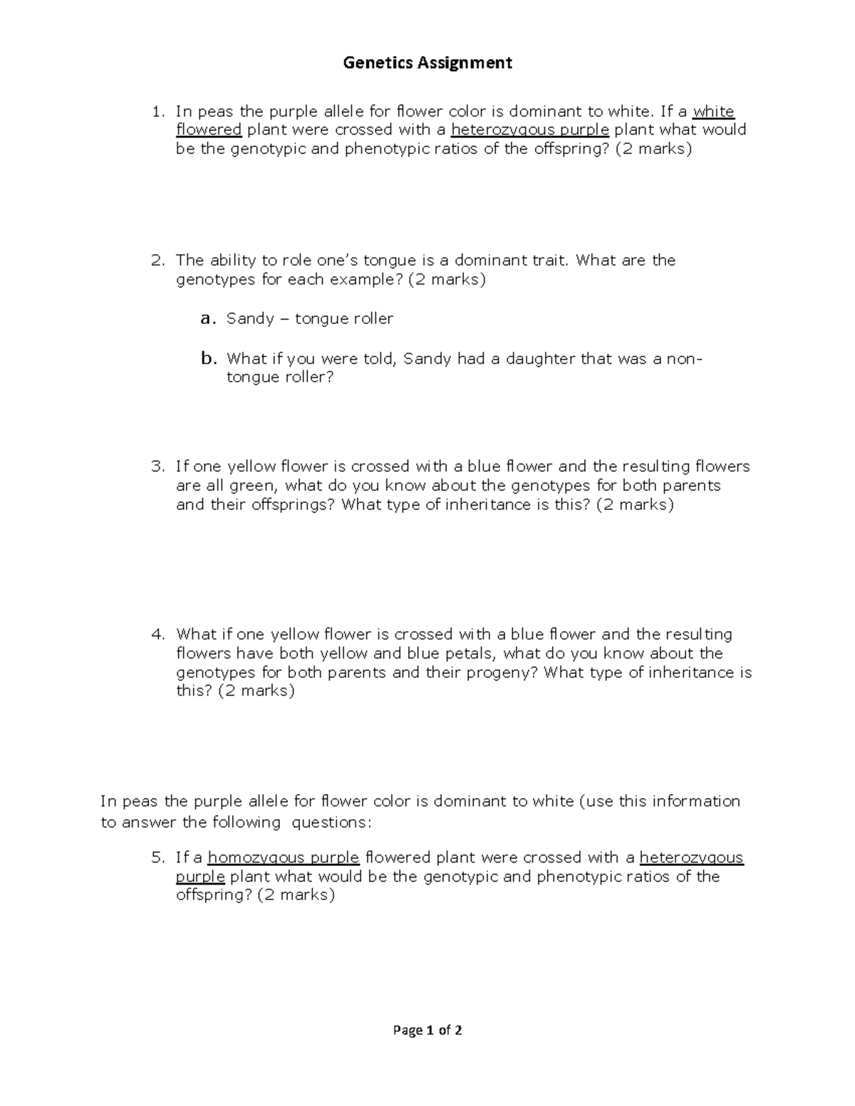 high school genetics assignment