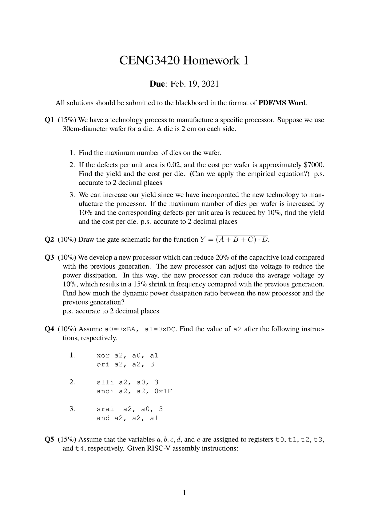 HW1 - HW1 - CENG3420 Homework 1 Due : Feb. 19, 2021 All Solutions ...