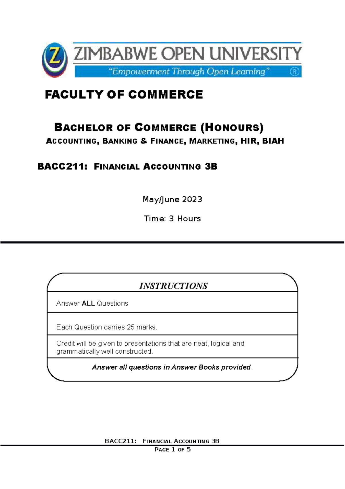 BACC211 - FACULTY OF COMMERCE BACHELOR OF COMMERCE (HONOURS) ACCOUNTING ...