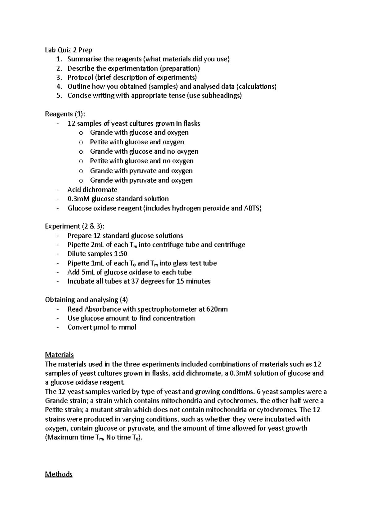 BIO152 Lab Quiz 2 Example Methods Section Lab Quiz 2 Prep 1. Summarise the reagents (what