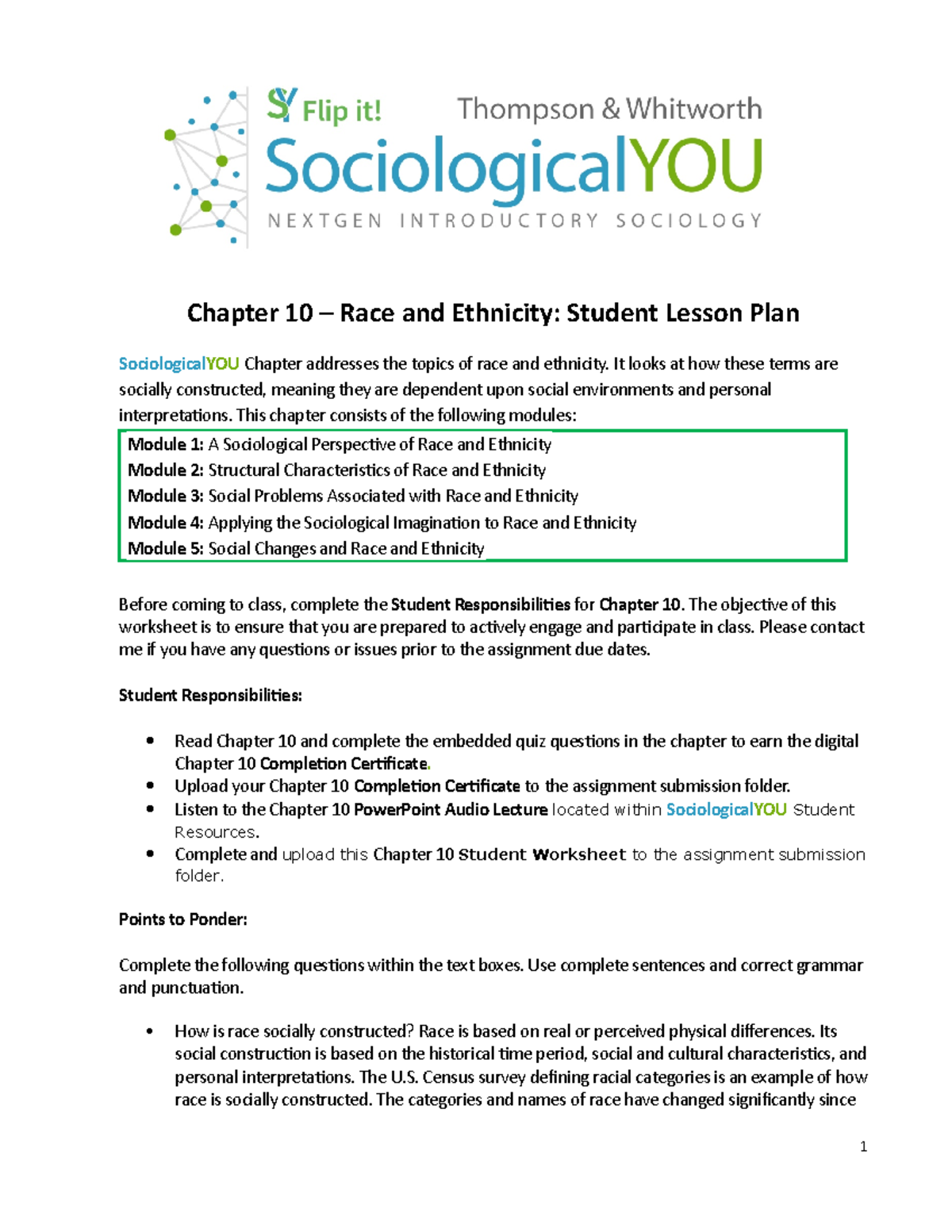 Chapter 10 Student Worksheet - Chapter 10 – Race And Ethnicity: Student ...