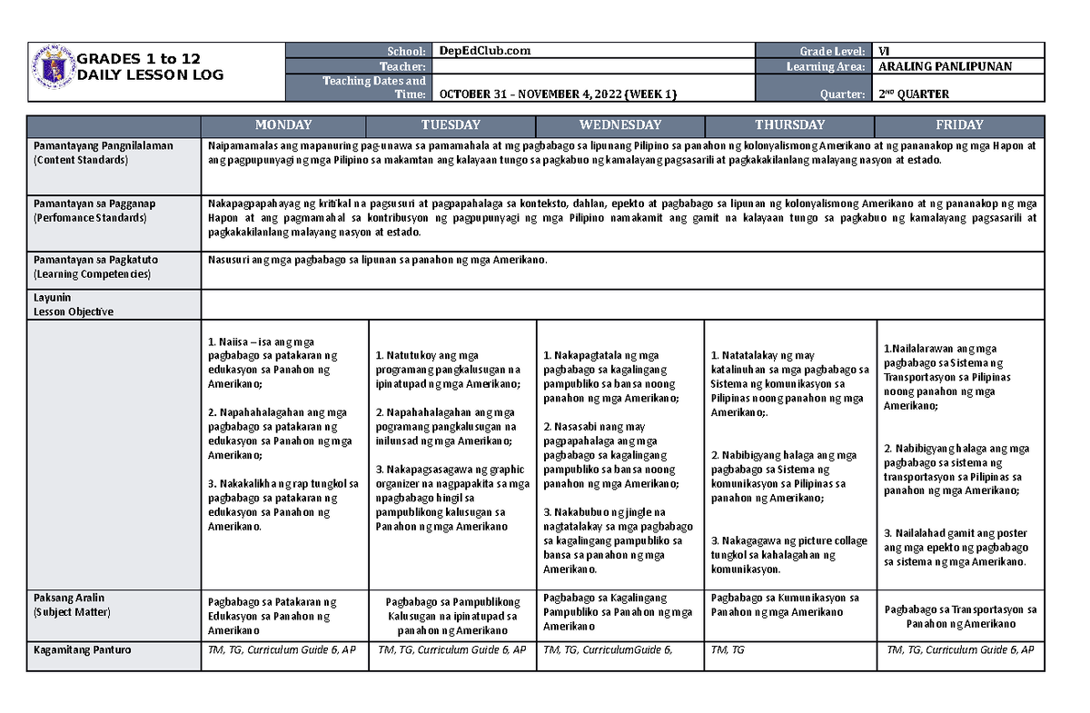 DLL Araling Panlipunan 6 Q2 W1 - GRADES 1 to 12 DAILY LESSON LOG School ...
