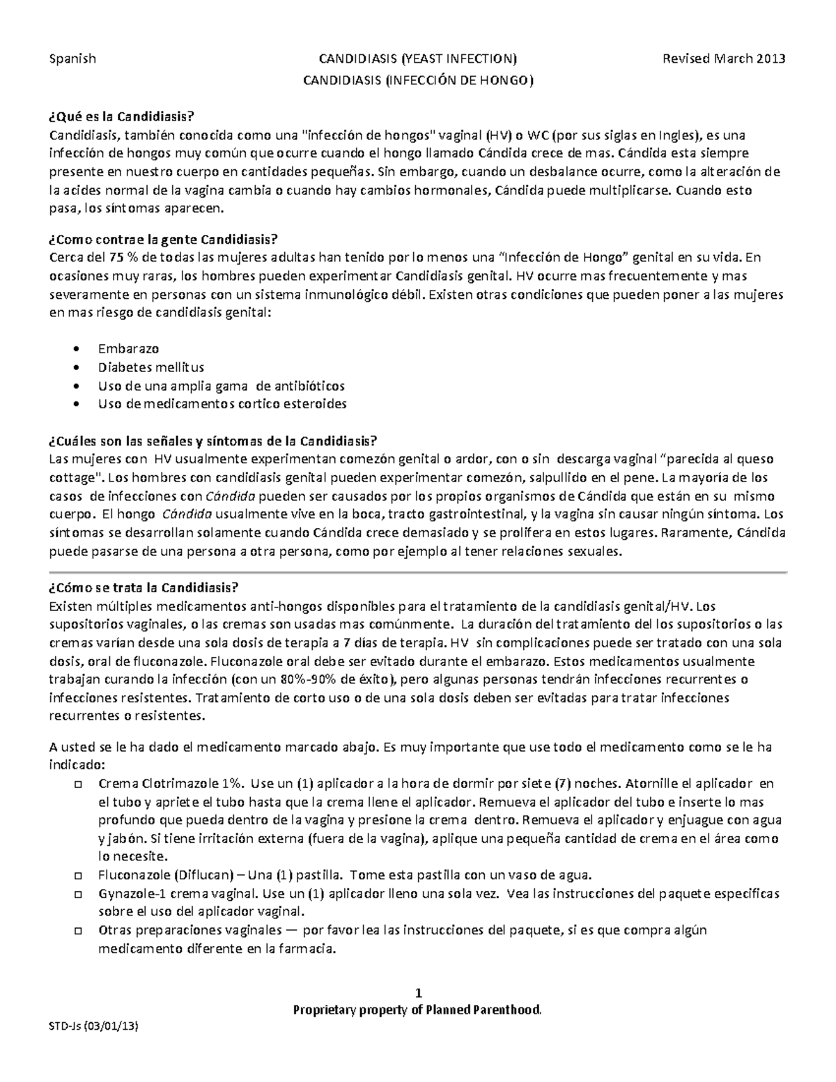 Stdjs pes yeast infection spanish Spanish CANDIDIASIS (YEAST INFECTION) Revised March 2013 1