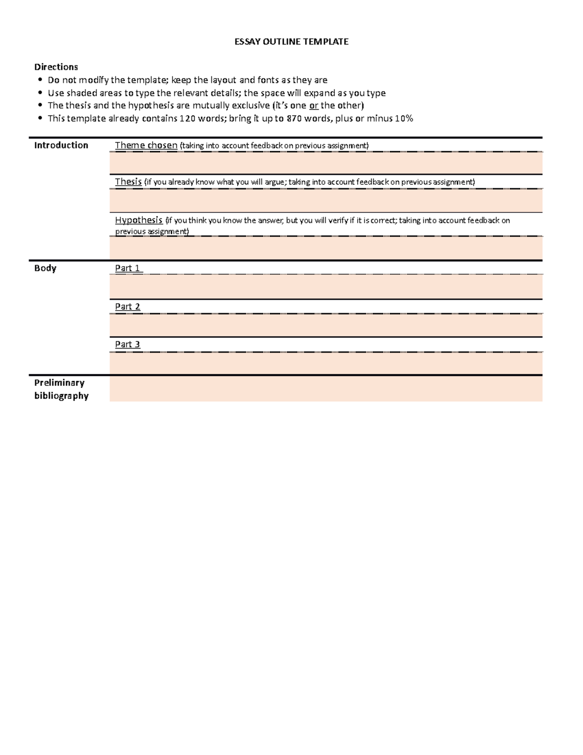 Essay Outline Template - ESSAY OUTLINE TEMPLATE Directions Do not ...