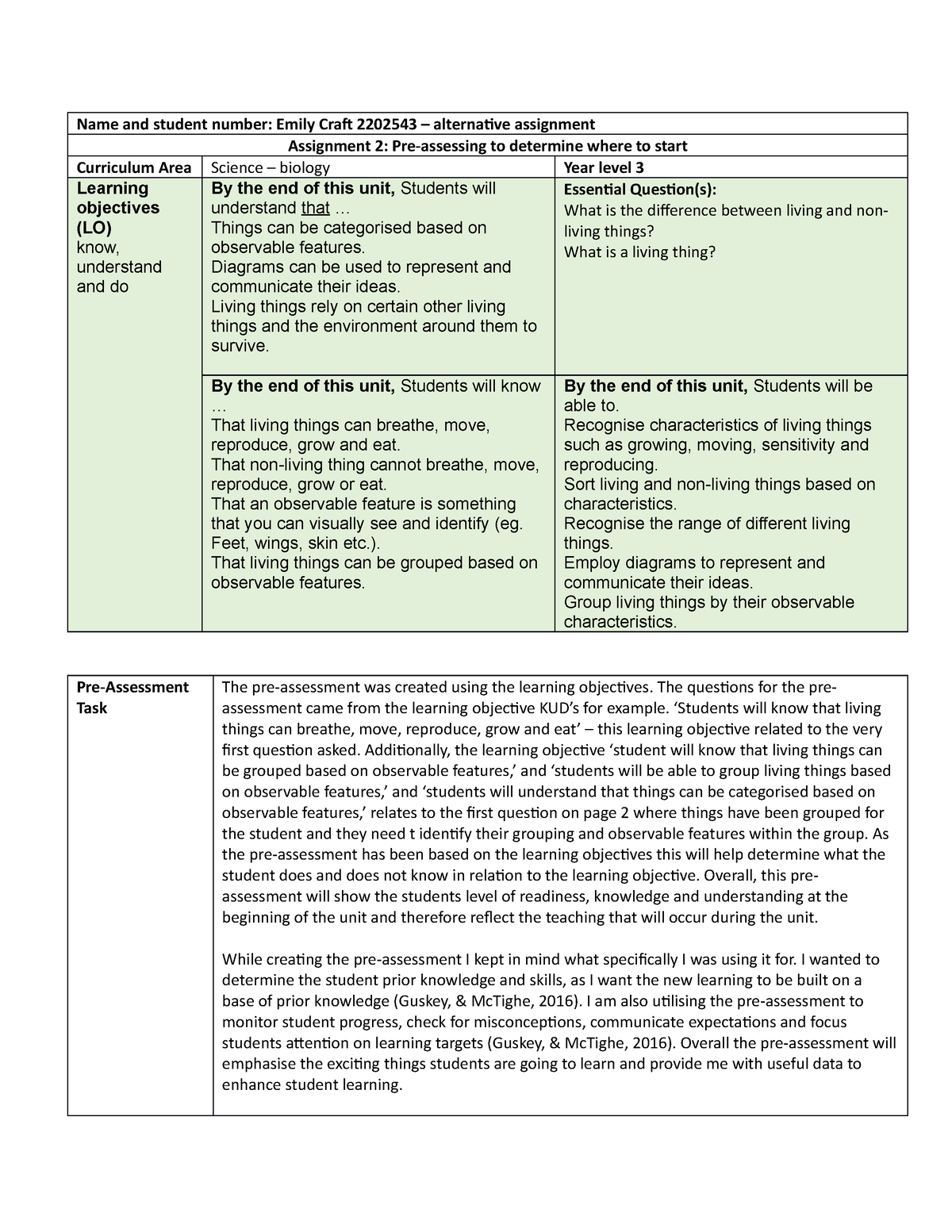 EDUC4731 Assignment 2 - Science biology year 3 pre-assessment task and ...