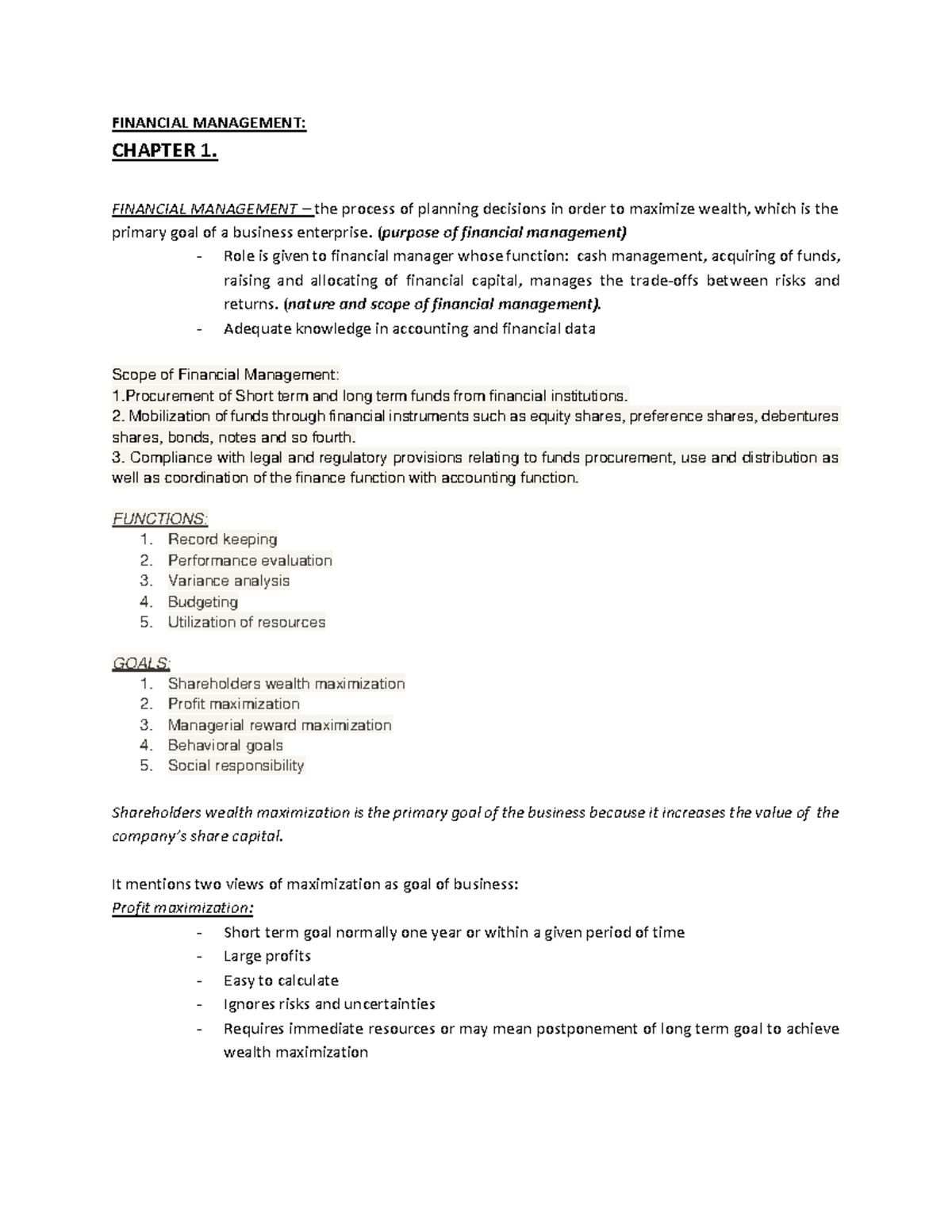 Financial Mgt Summary - FINANCIAL MANAGEMENT: CHAPTER 1. FINANCIAL ...