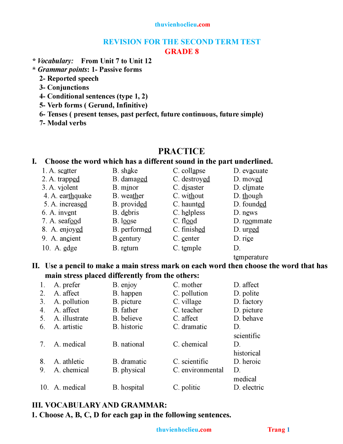 Thuvienhoclieu - On Tap - REVISION FOR THE SECOND TERM TEST GRADE 8 ...