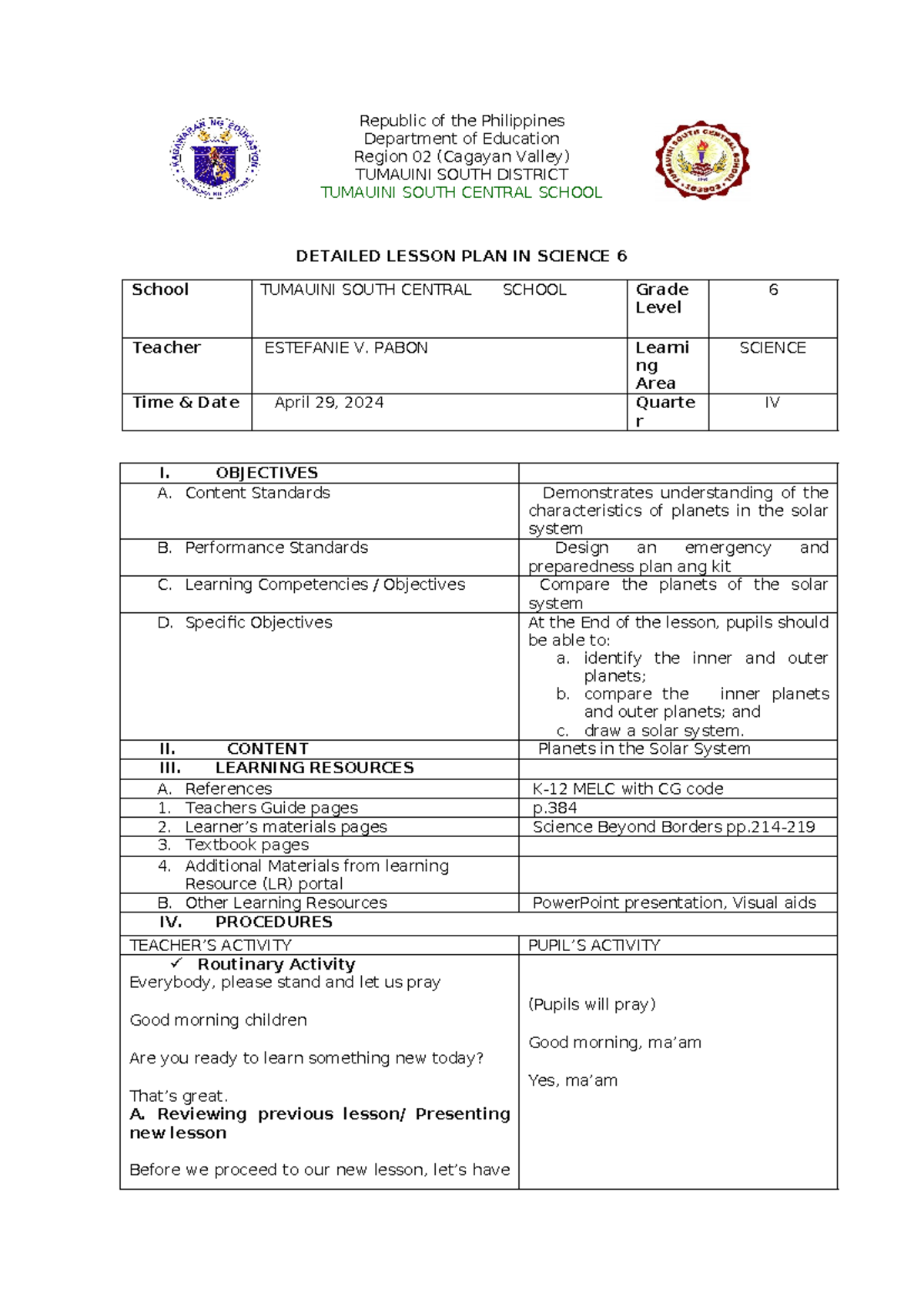 Science 6 DLP [Planets] - Republic of the Philippines Department of ...