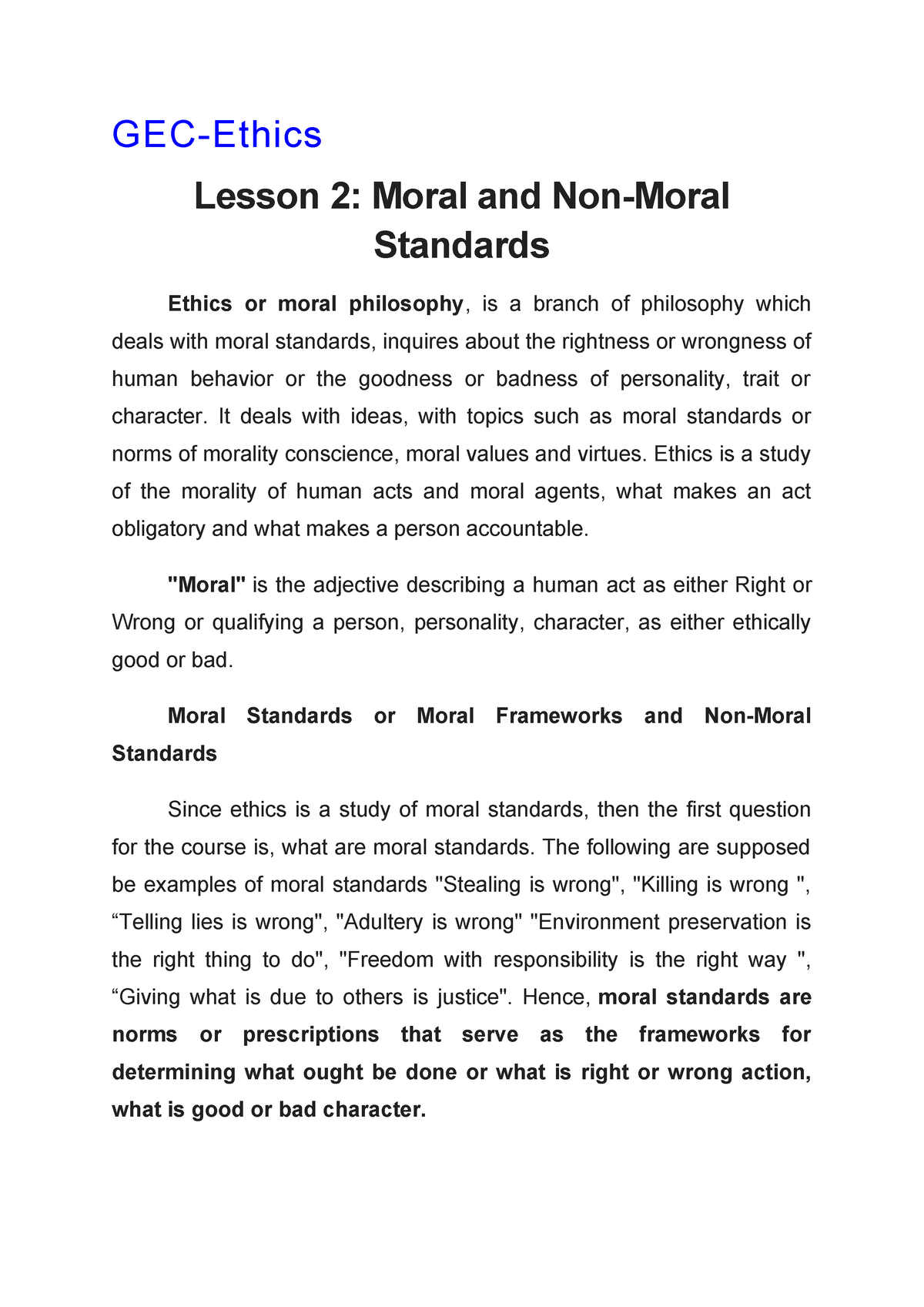 Ethics Moral and Non Moral Standards - GEC-Ethics Lesson 2: Moral and ...