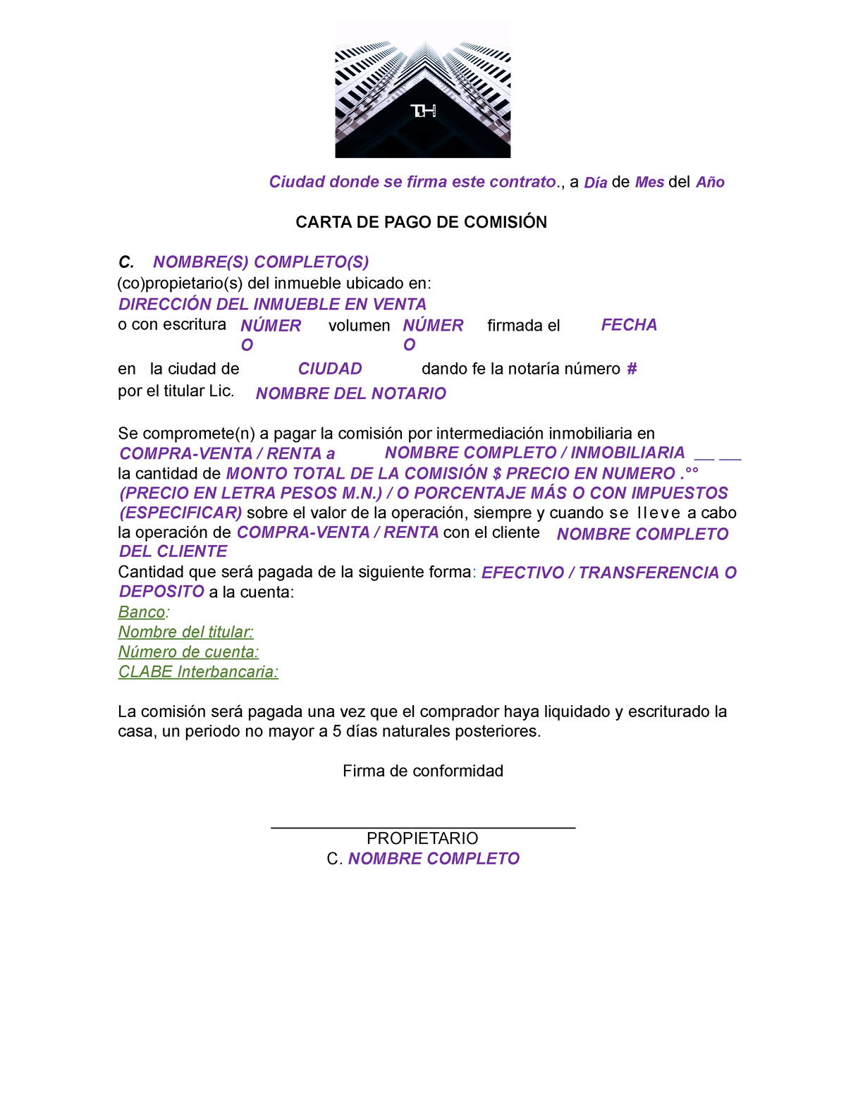 3 Modelo carta ACUERDO DE PAGO DE COMISIONES - Ciudad donde se firma este  contrato ., a Día de Mes - Studocu