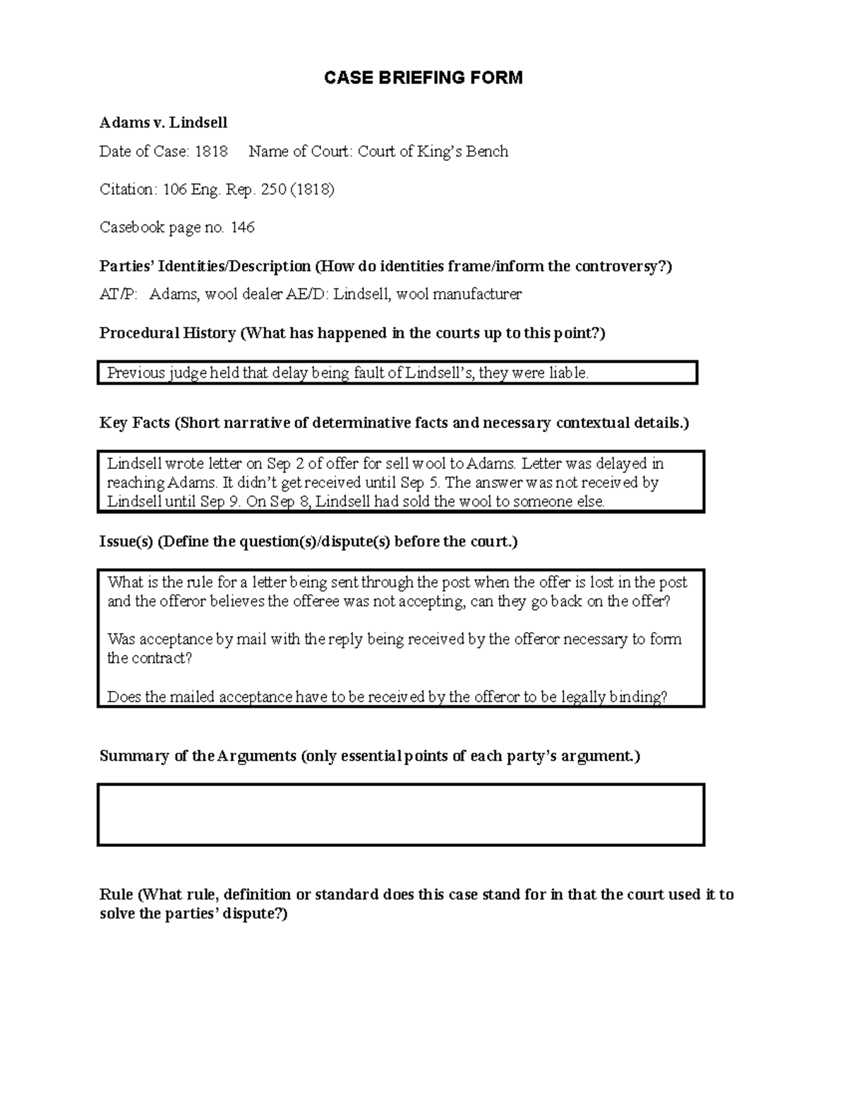 Adams v. Lindsell - Case brief. - CASE BRIEFING FORM Adams v. Lindsell ...