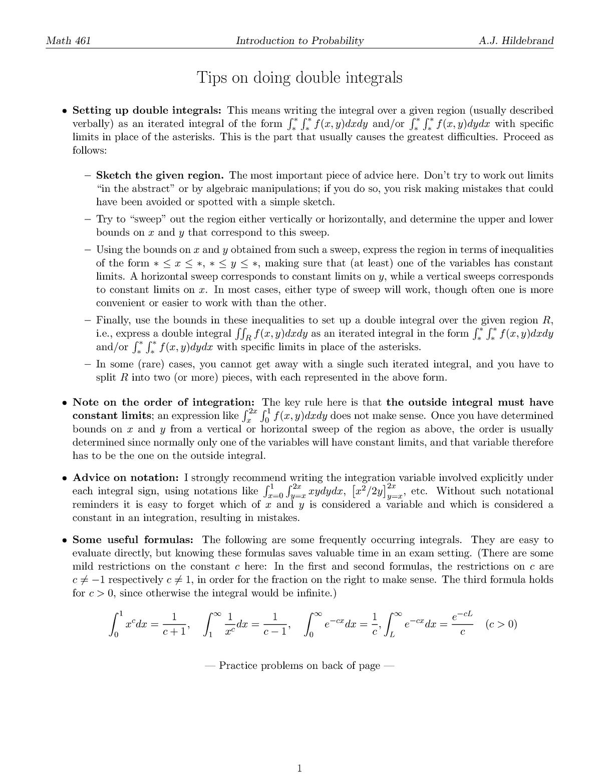 Tips On Doing Double Integrals - Math 461 Introduction To Probability A ...