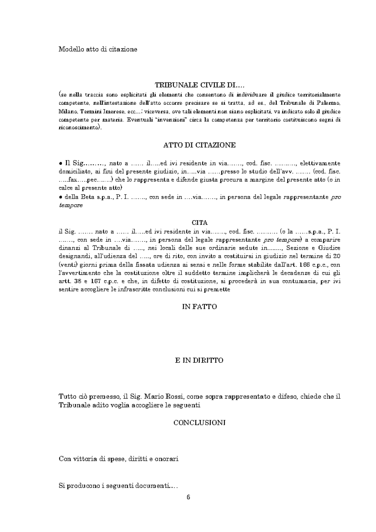 Modello Atto Di Citazione - 6 Modello Atto Di Citazione TRIBUNALE ...