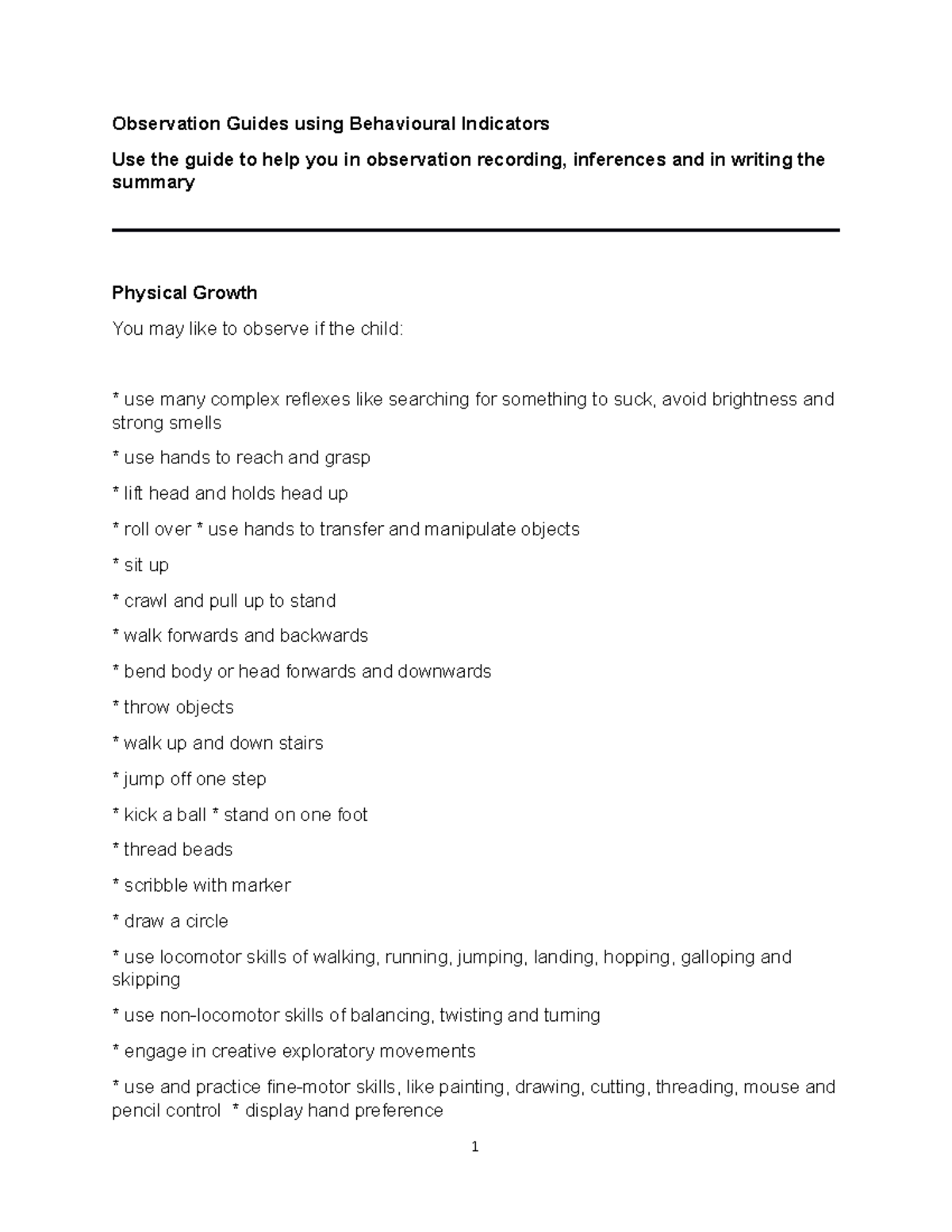 Observation Guides using Behavioural Indicators pillow, blanket) push