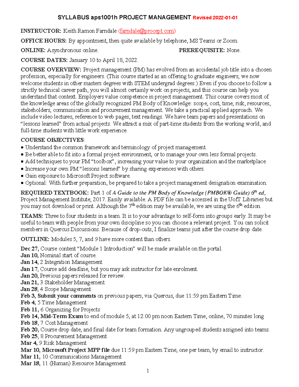 Syllabus Proj Mgt aps1001h 2022 Winter revised 2022-01 - SYLLABUS ...