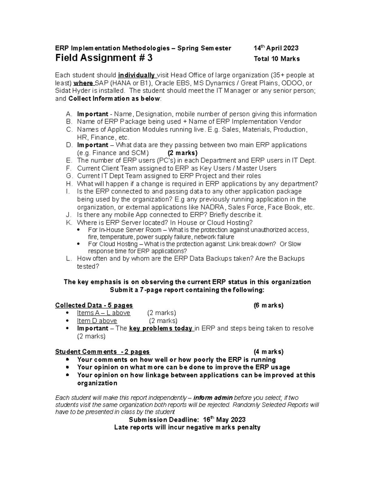7 Field Assignment 3 - 14 April 2023 - ERP Implementation Methodologies ...