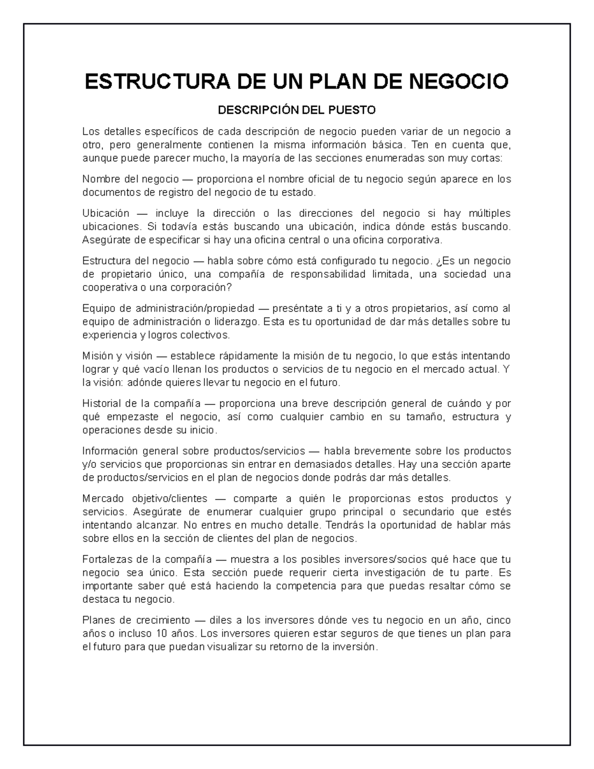 Estructura DE UN PLAN DE Negocio - ESTRUCTURA DE UN PLAN DE NEGOCIO ...