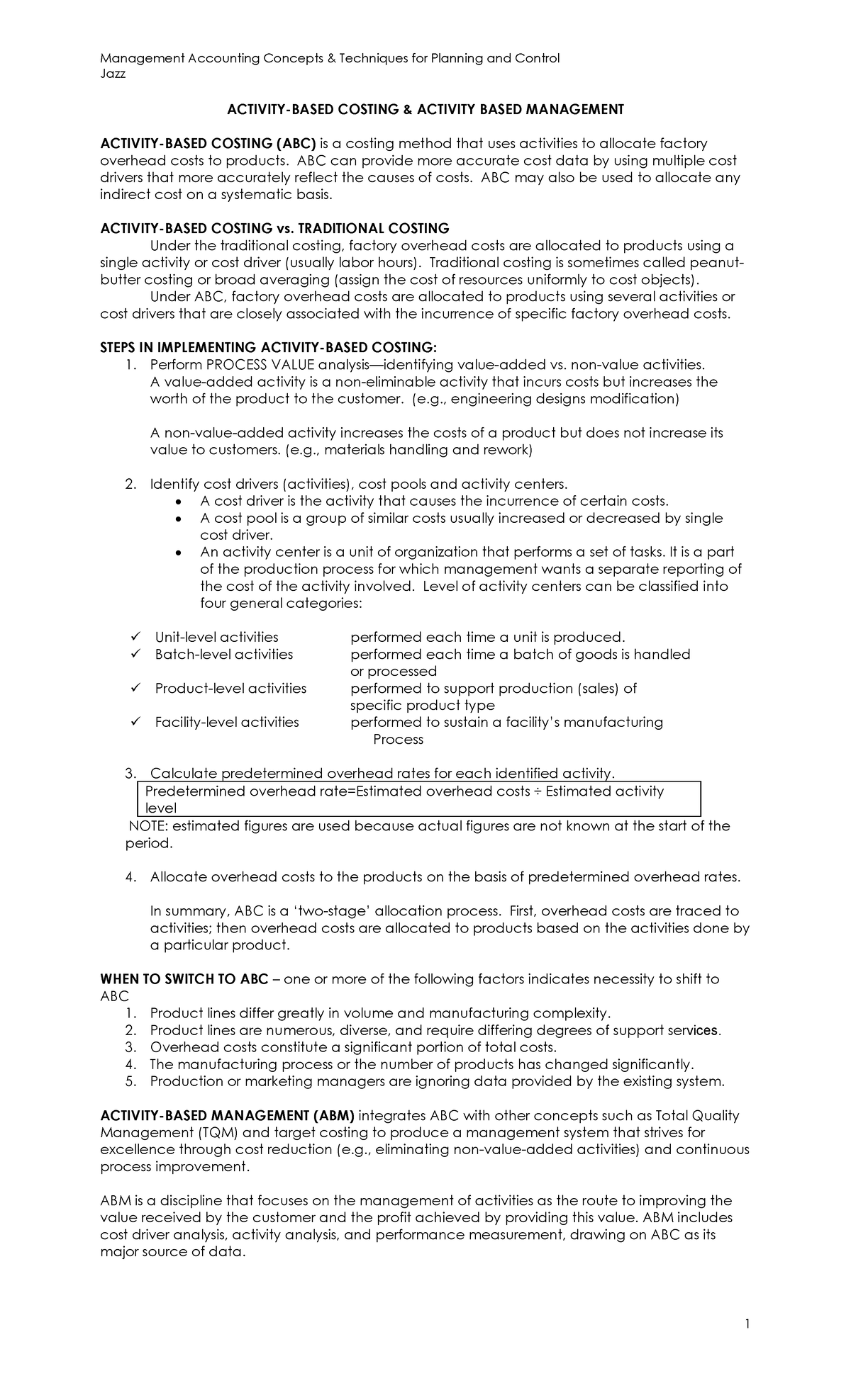 ABC - Summary Accounting - Management Accounting Concepts & Techniques ...