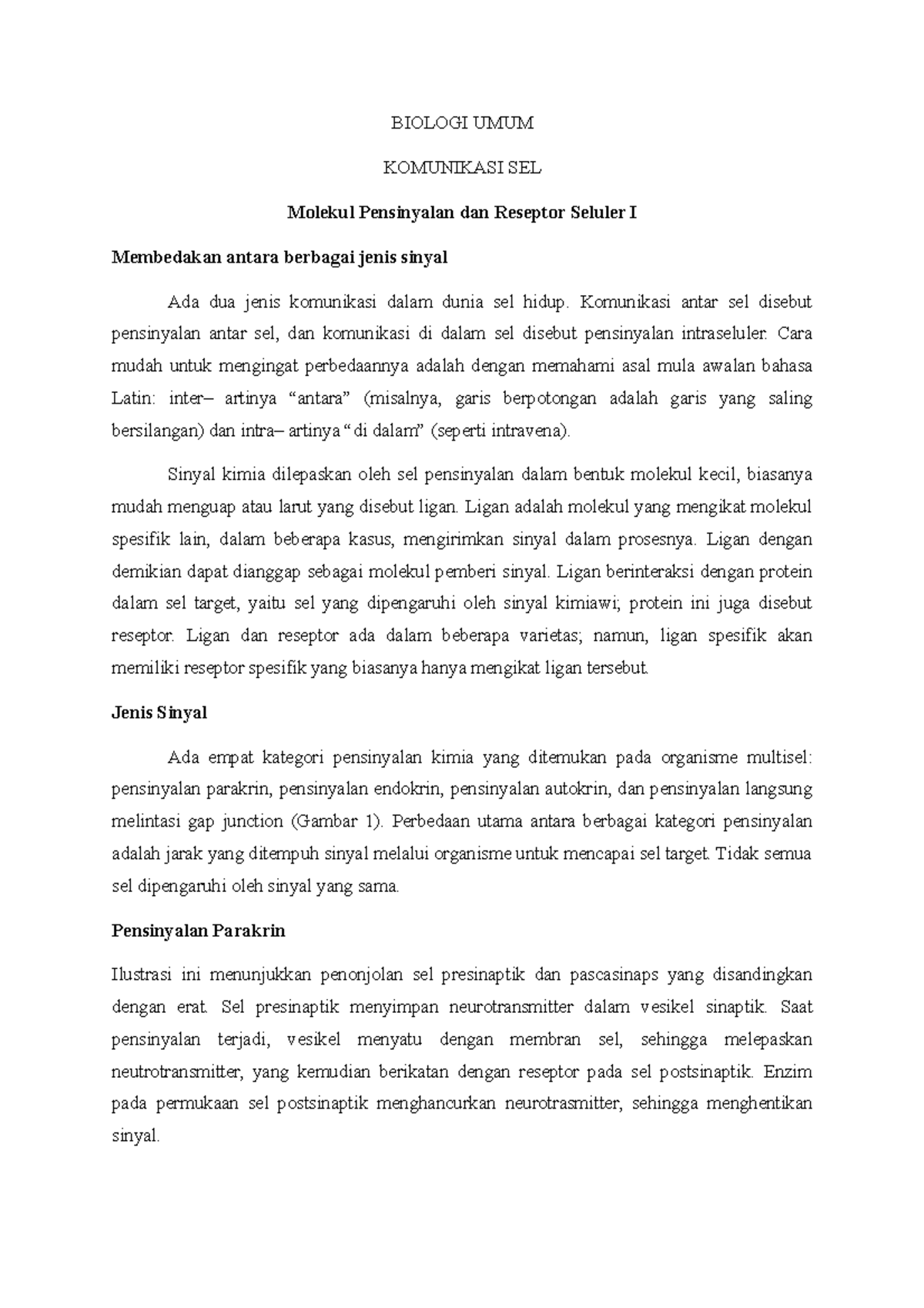 Biologi Sel- Komunikasi SEL (Molekul Pensinyalan Dan Reseptor Seluler I ...