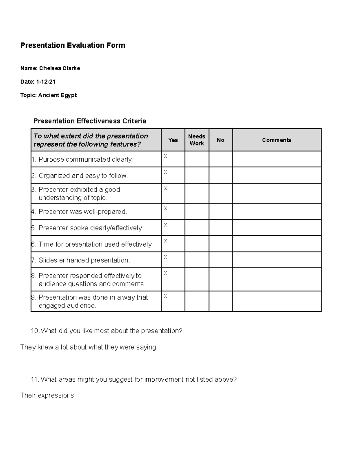 Formal Presentation Evaluation Form - Presentation Evaluation Form Name ...