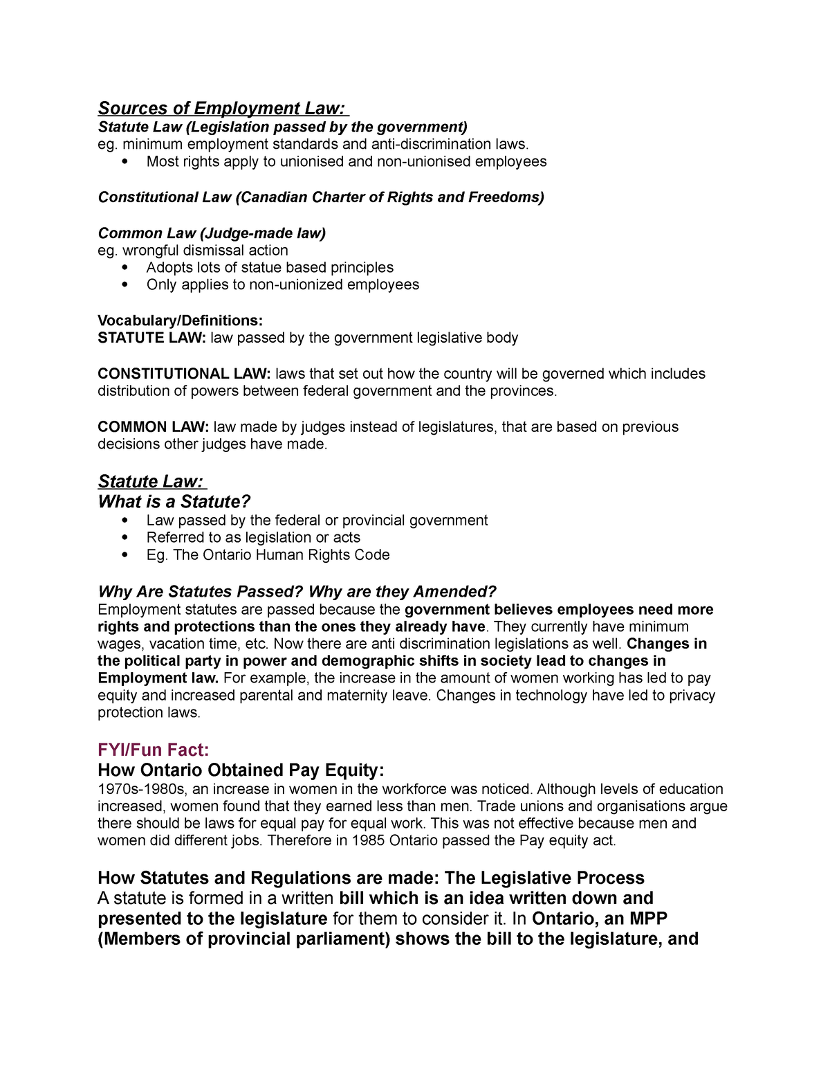 Textbook Chapter 1 Sources of Employment Law Statute Law