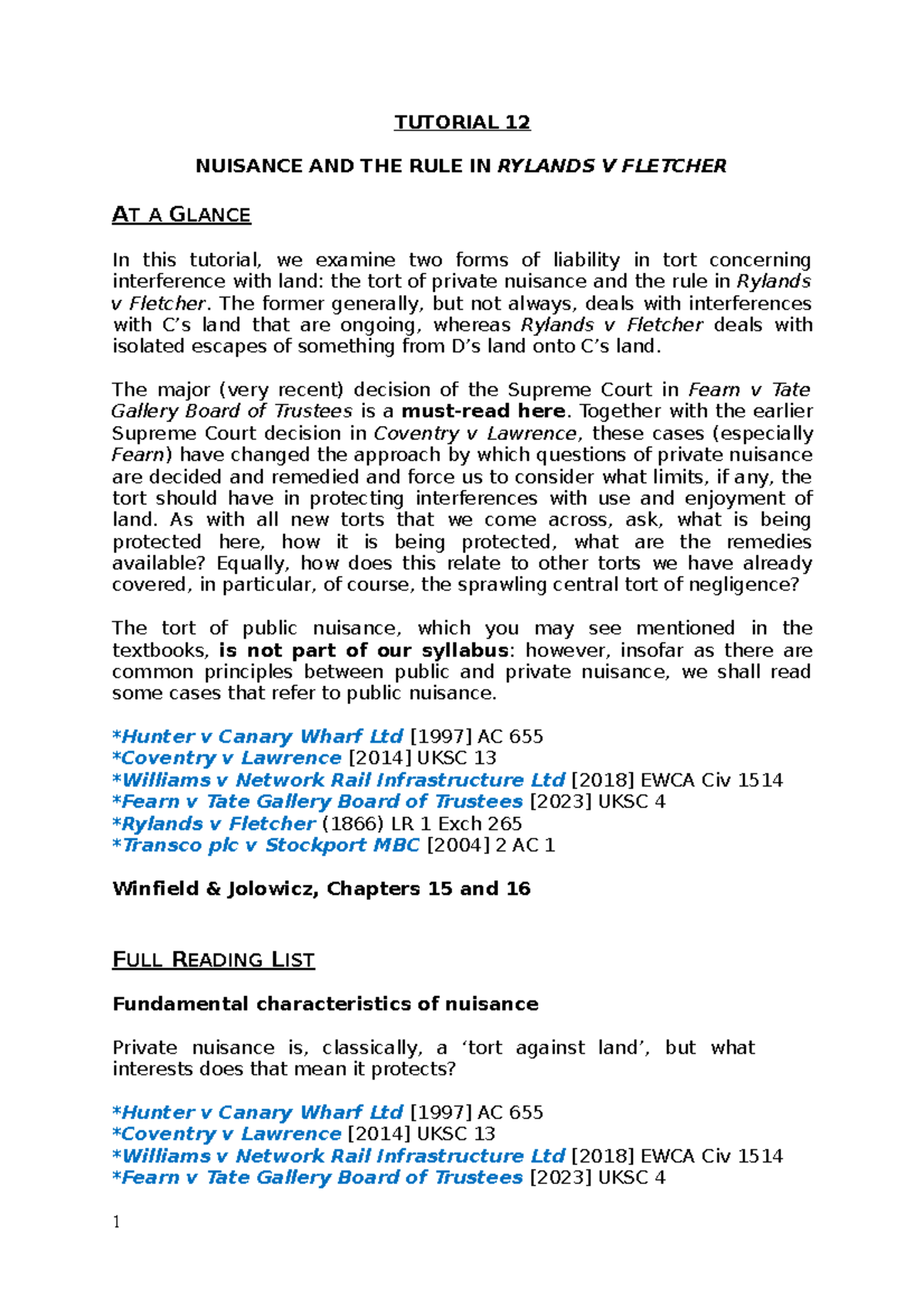 Tutorial 12 Nuisance - TUTORIAL 12 NUISANCE AND THE RULE IN RYLANDS V ...