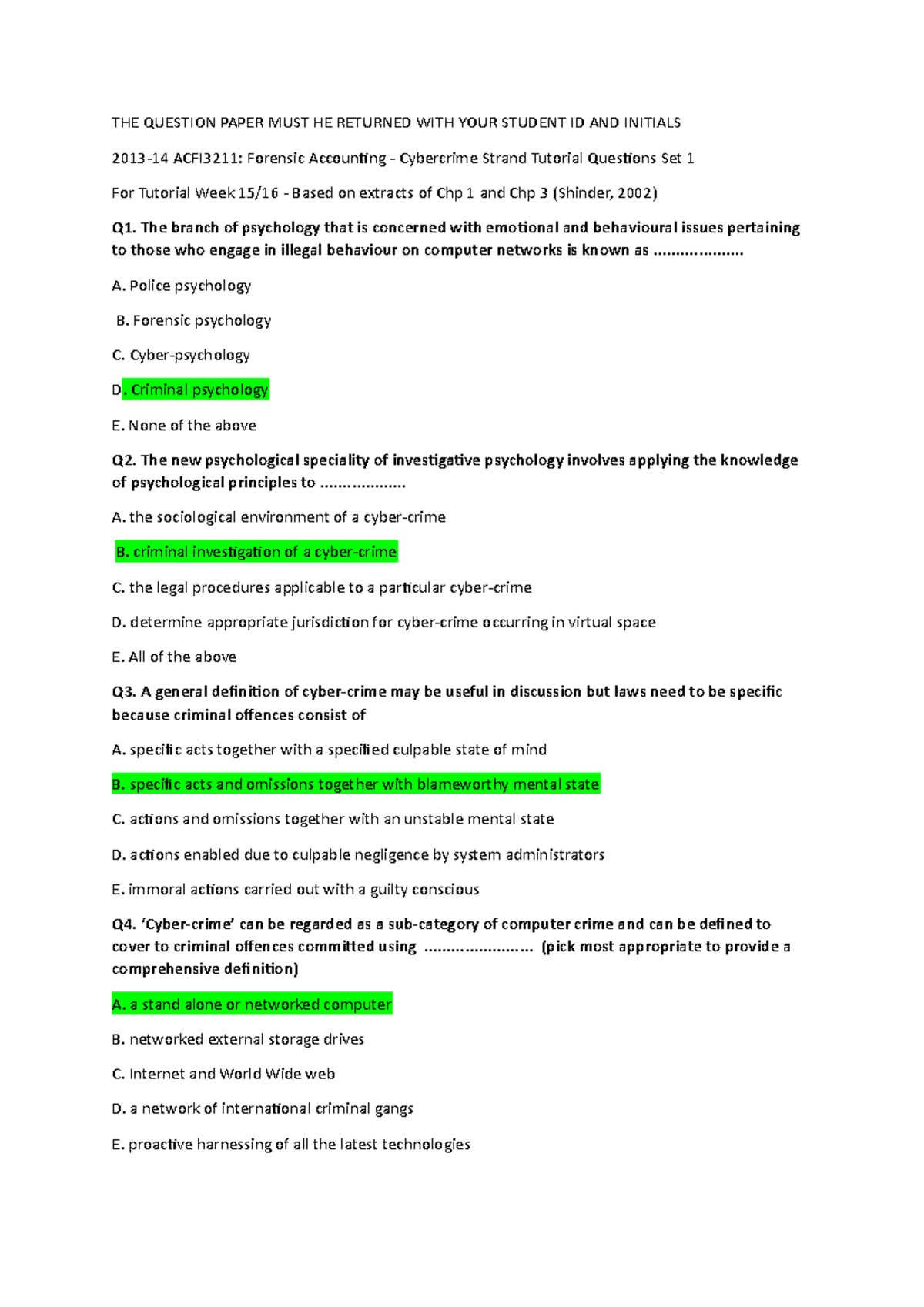 QUESTIONS AND ANSWERS - THE QUESTION PAPER MUST HE RETURNED WITH YOUR ...
