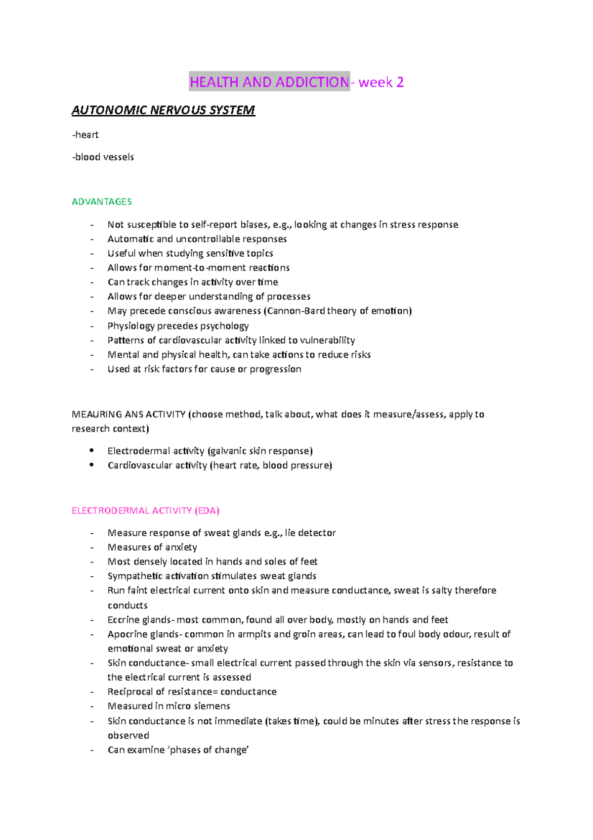 Week 2 workshop notes - lecture note on week 1 for health and addiction ...