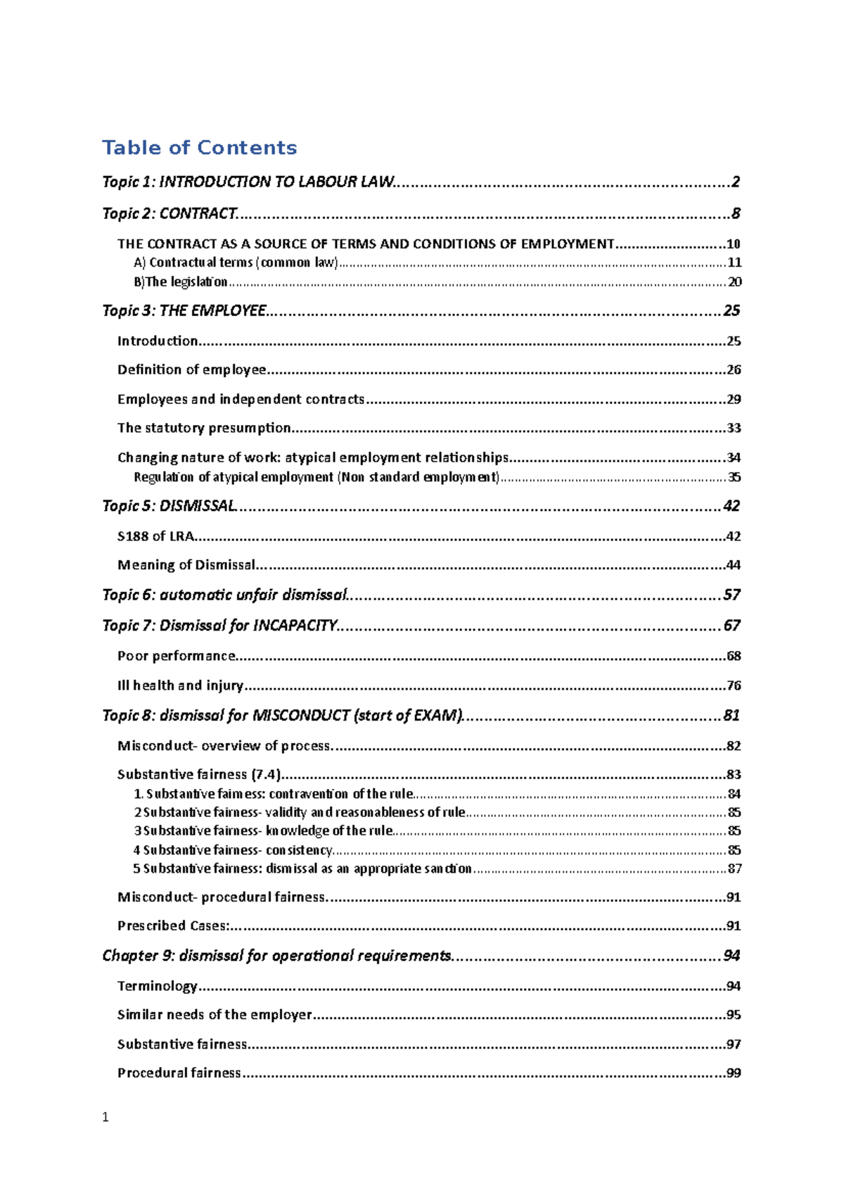 Labour LAW 311 summaries - Table of Contents Topic 1: INTRODUCTION TO ...