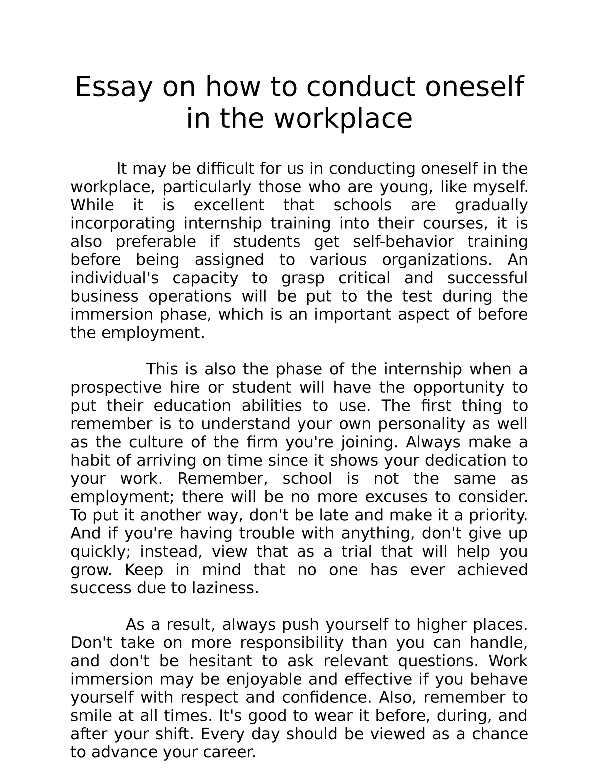 essay on how to conduct oneself in work immersion scribd
