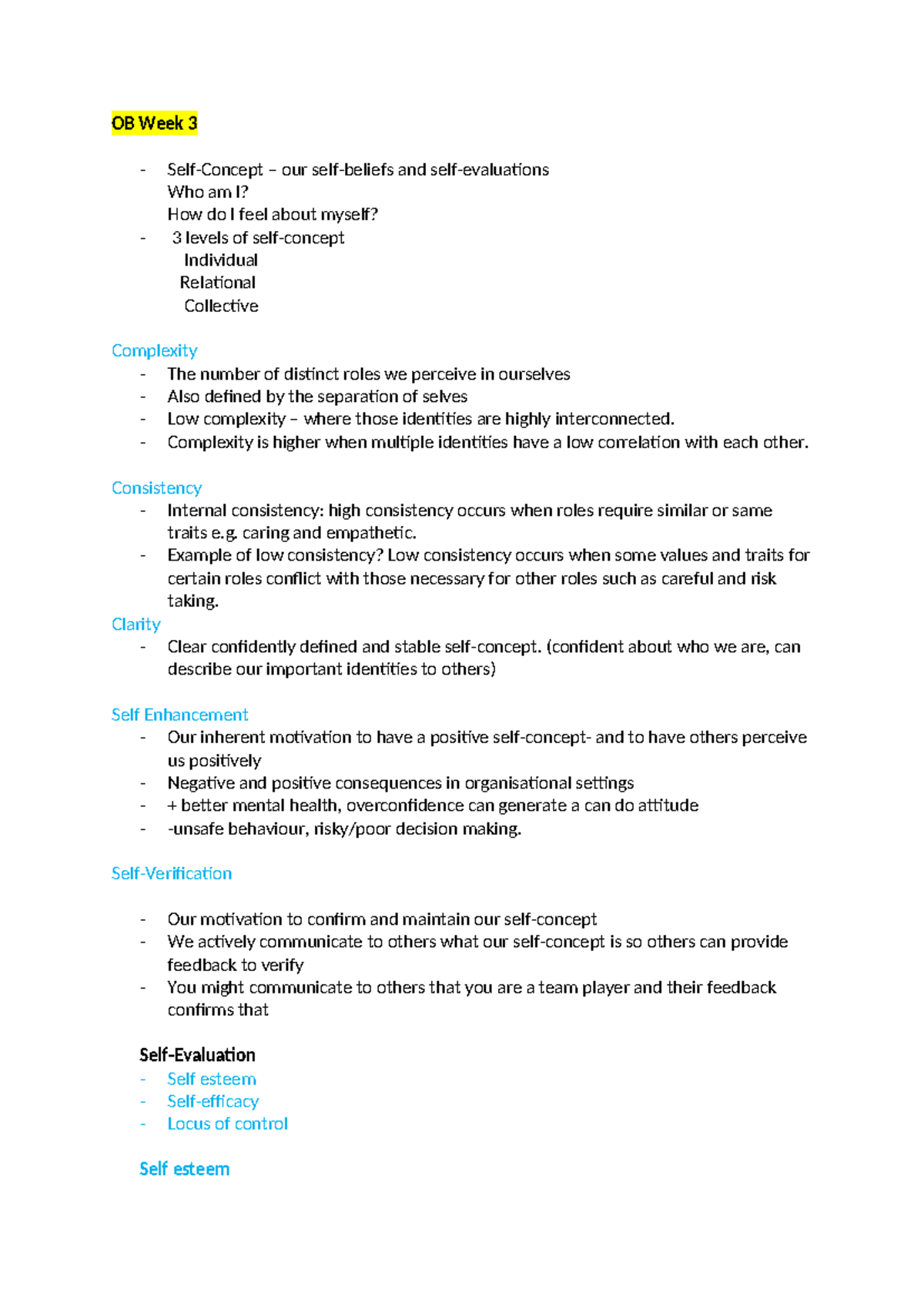 OB Week 3 - Lecture notes - OB Week 3 - Self-Concept – our self-beliefs ...