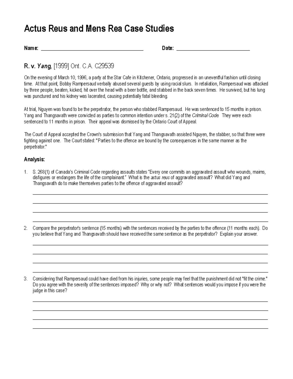 Actus Reus and Mens Rea Case studies Actus Reus and Mens Rea Case