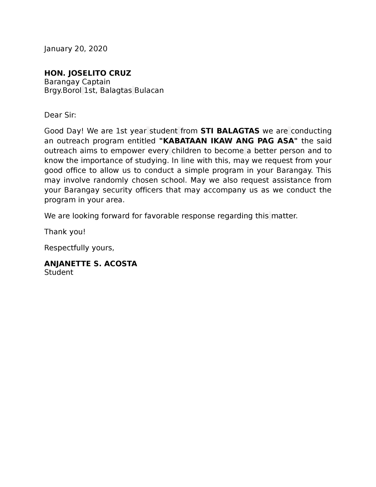 Acosta-letter barangay - January 20, 2020 HON. JOSELITO CRUZ Barangay ...