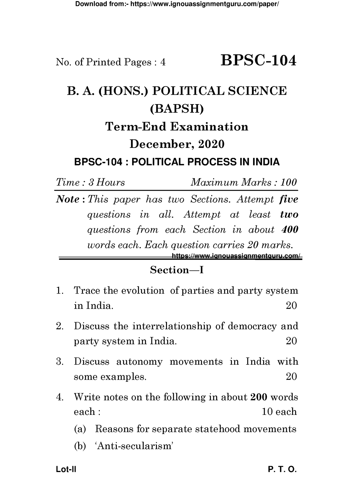 BPSC 104 DEC 2020 Paper Ignouassignmentguru - Lot-II P. T. O. No. Of ...