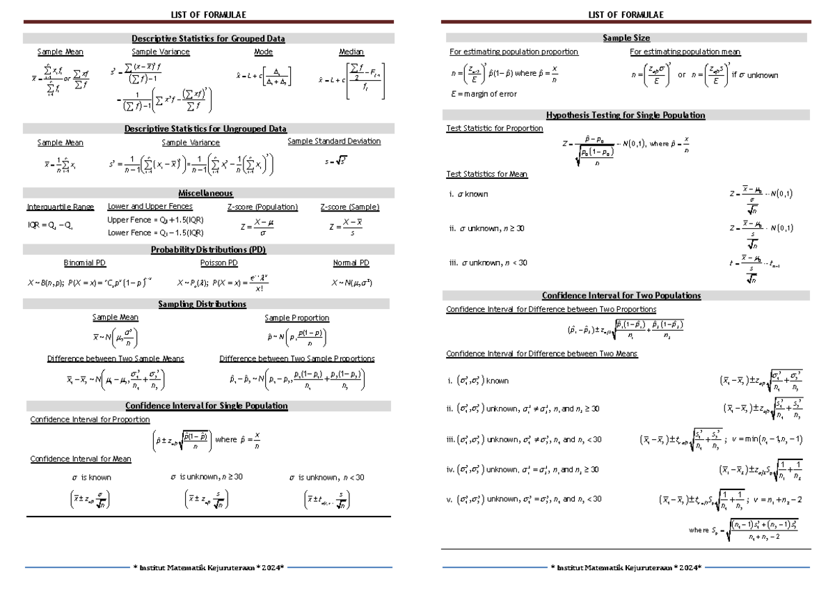 SMQ27103 LIST OF Formulae 2024 - LIST OF FORMULAE * Institut Matematik ...