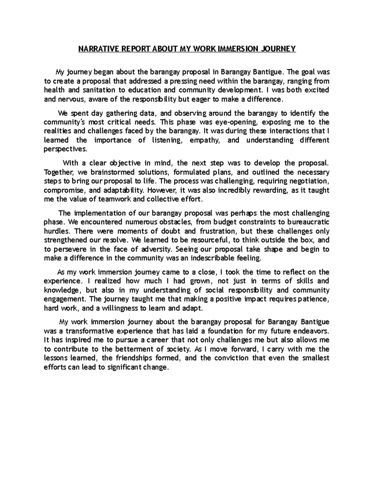 Narrative Report About MY WORK Immersion Journey - NARRATIVE REPORT ...