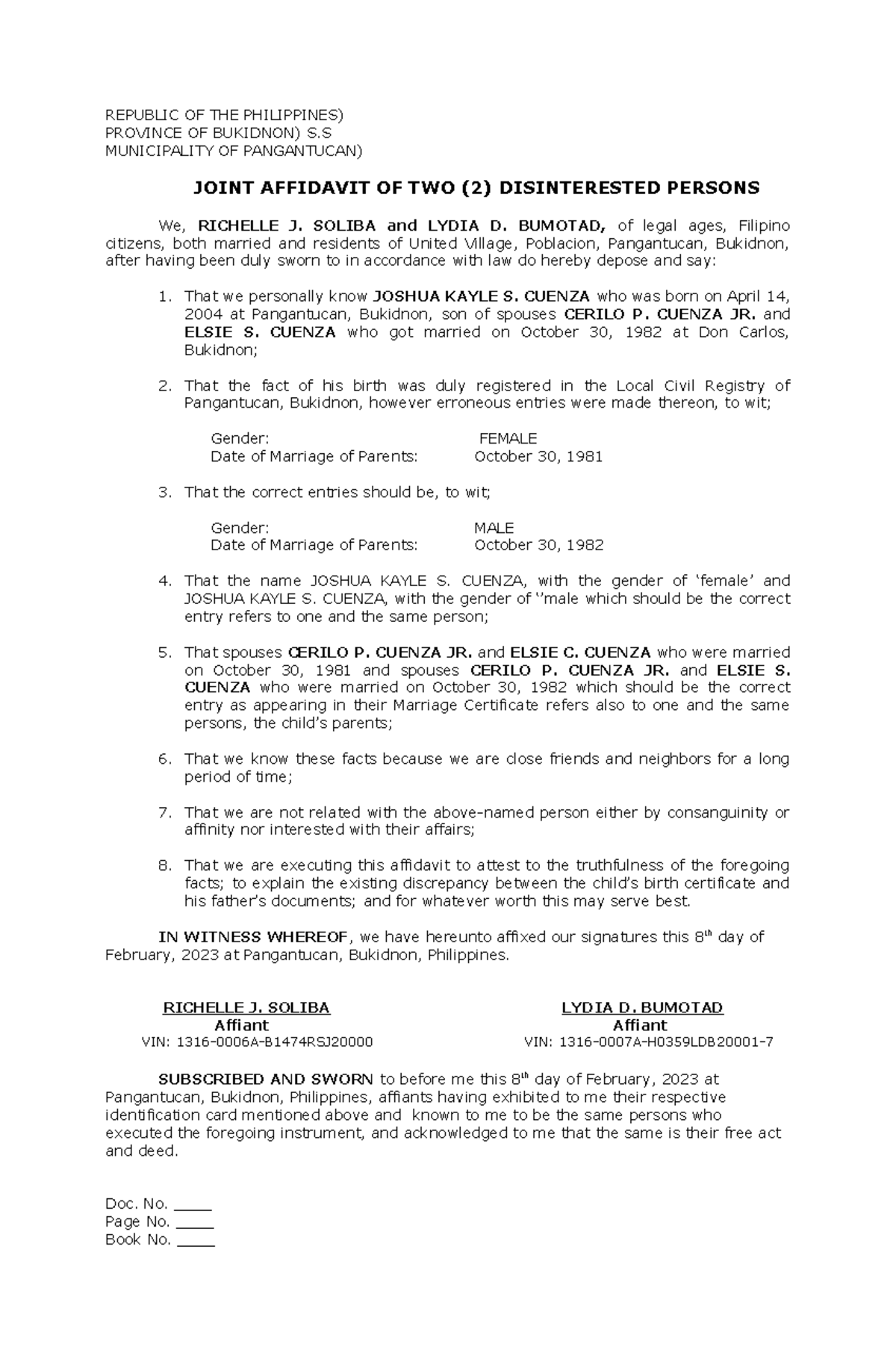 Joint Affidavit - Cuenza - REPUBLIC OF THE PHILIPPINES) PROVINCE OF ...