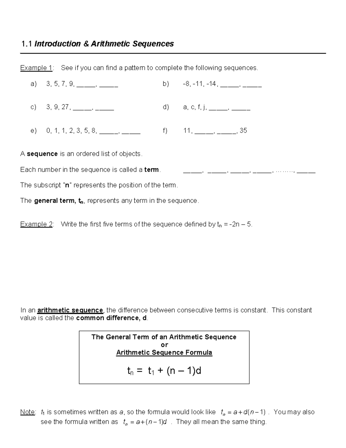 1.1 1.5 Lesson Notes - The General Term of an Arithmetic Sequence or ...