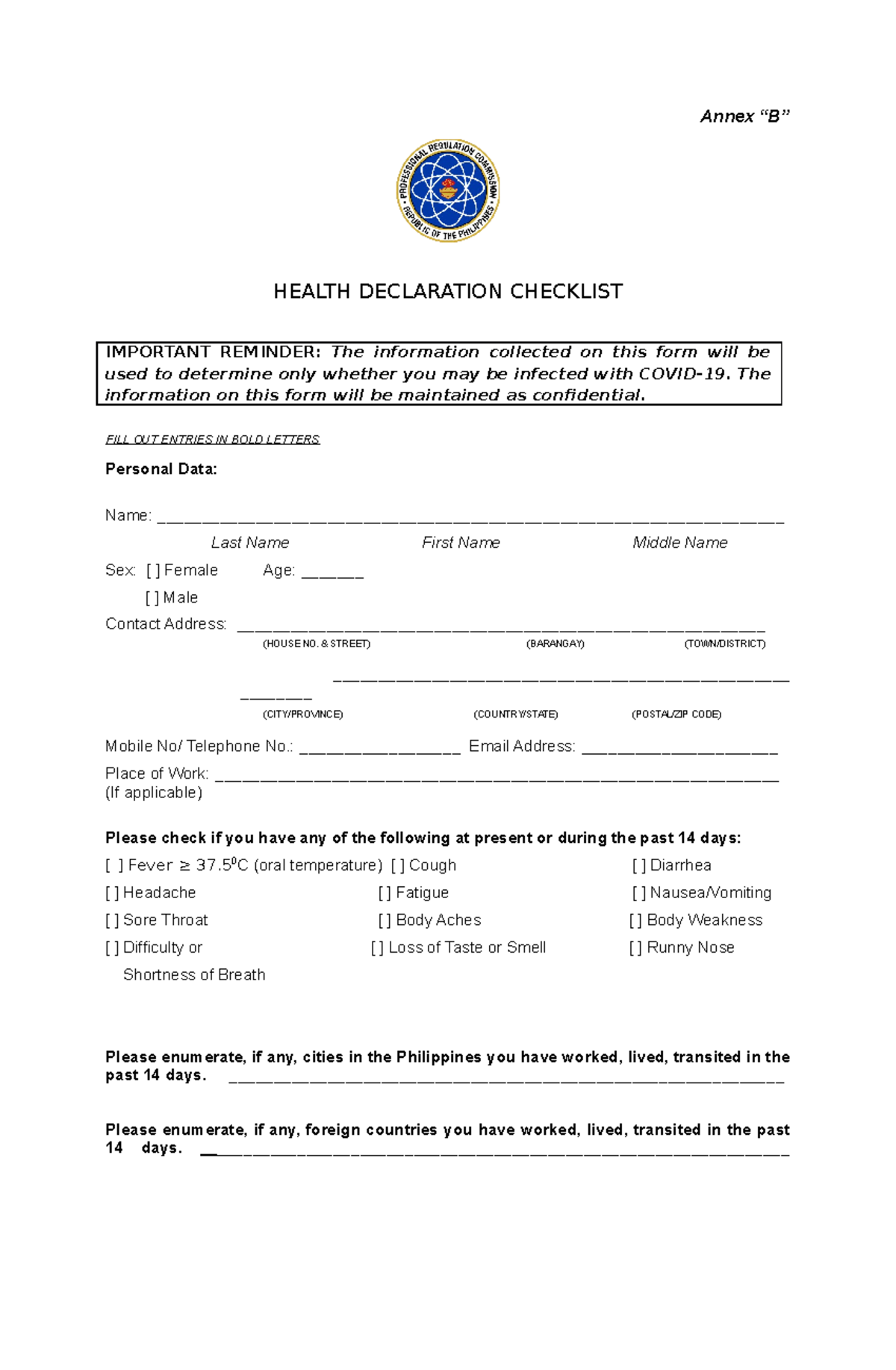 Annex B - Annex “B” HEALTH DECLARATION CHECKLIST IMPORTANT REMINDER ...