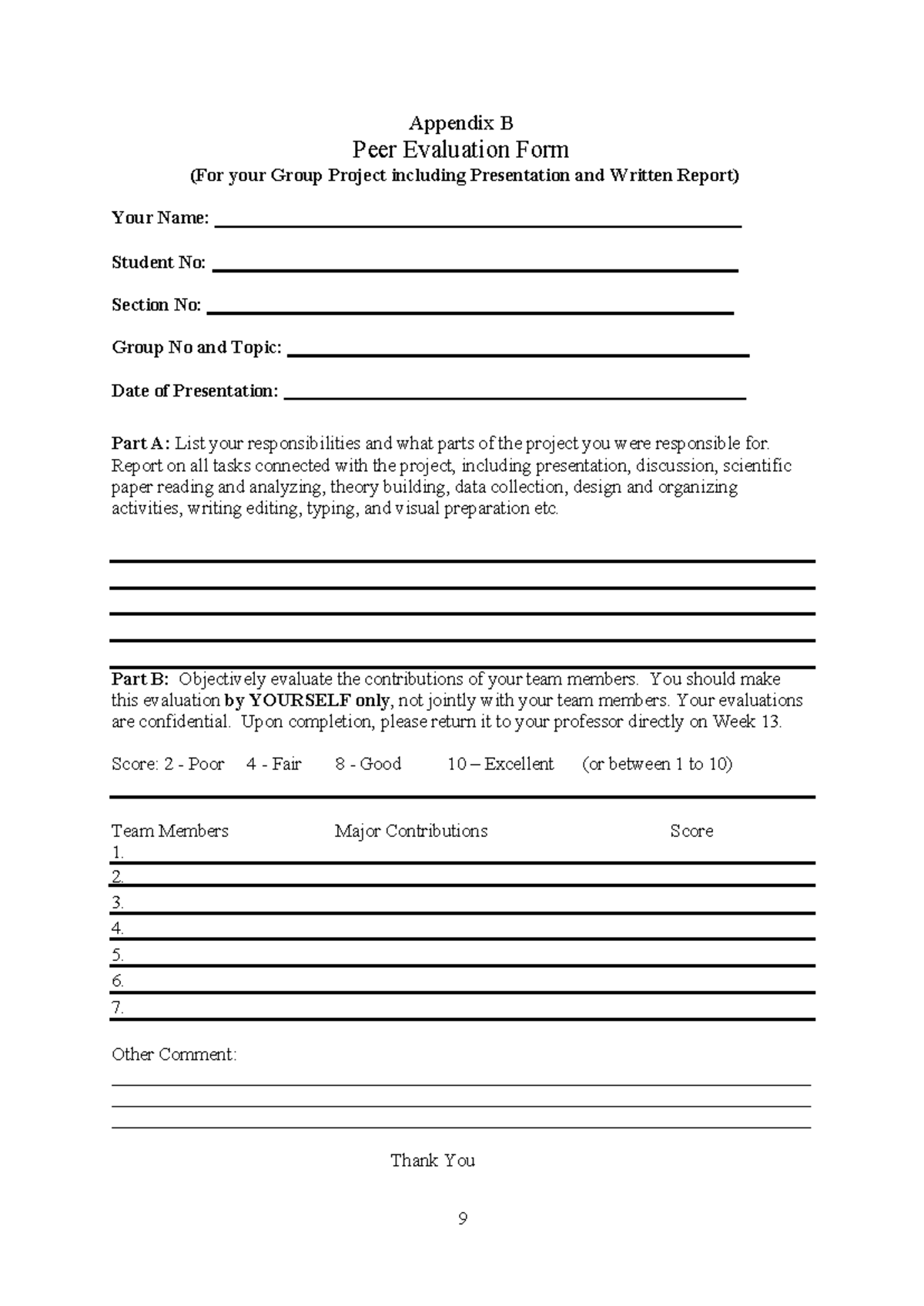 Peer Evaluation Form-1 - 9 Appendix B Peer Evaluation Form (For Your ...