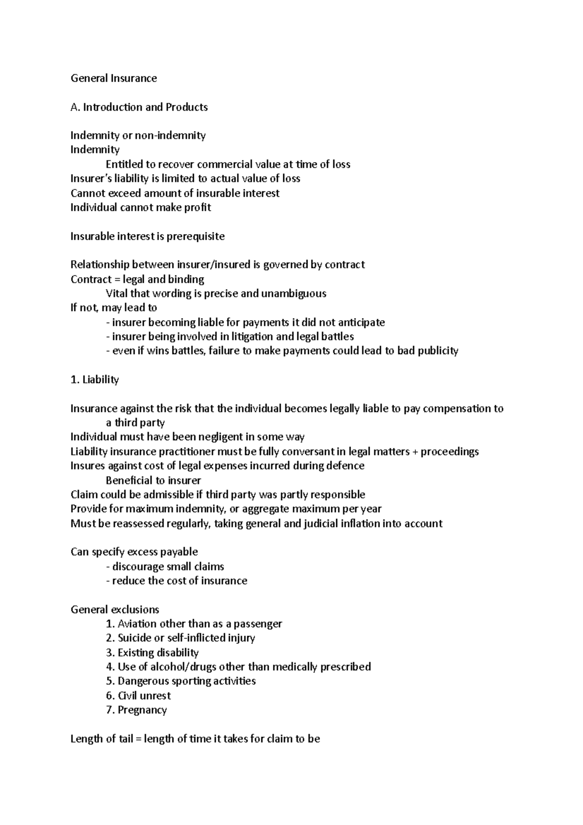 General Insurance - Short point-style summaries to aid in memorising ...