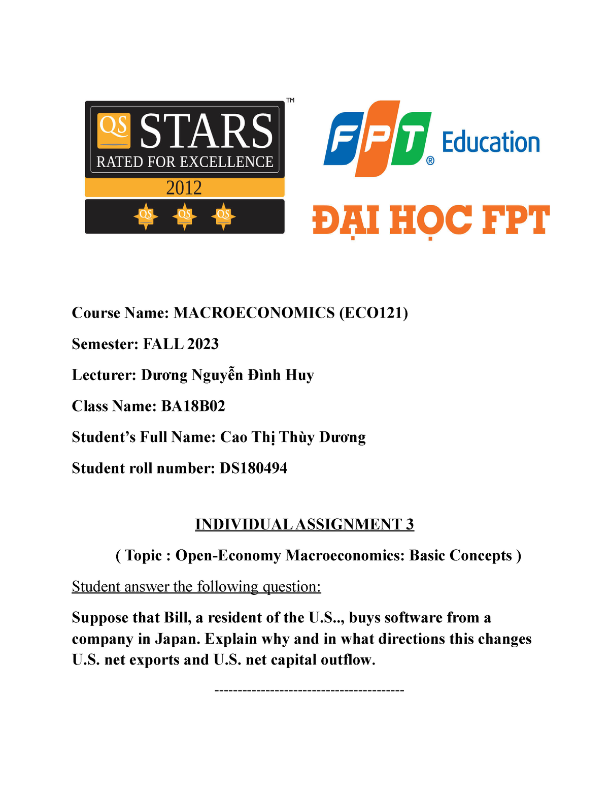 Assignment 3 - Eco121 Assign - Course Name: MACROECONOMICS (ECO121 ...